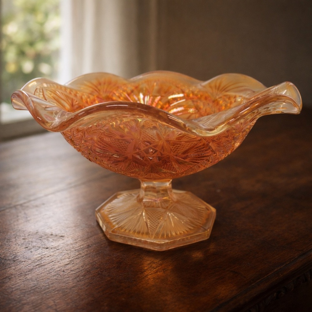 Vintage Imperial Marigold Bowl Carnival Glass Eastern Star Pattern Compote